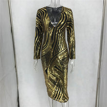 Load image into Gallery viewer, Women Gold Sequin Dress Sexy V Neck Long Sleeve Sparkly Glitter Bodycon Dress Night Club Runway Luxury Birthday Party Dresses