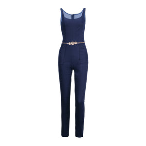 Women Elegant Denim Jumpsuit Pants with Belt Pockets Off Shoulder Sleeveless Sexy Straps Bodycon Jeans Jumpsuit Overall Catsuit