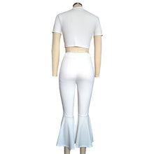 Load image into Gallery viewer, White Two Piece Set Summer Outfits Short Sleeve Bow Tie Up Top and Cropped Flare Pants Suit Fashion Sexy Women Sets