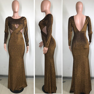 Elegant Sparkly Glitter Sexy Maxi Dresses Women Long Sleeve Criss Cross Hollow Out Backless Open Back Evening Party Dresses