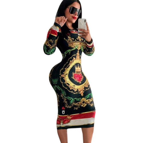 Poker Print Sexy Bodycon Midi Dress Women O-neck Long Sleeve Knee-length Sheath Casual Nightclub Bandage Party Dresses Vestidos