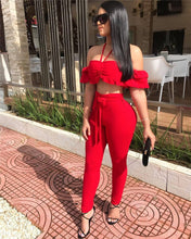 Load image into Gallery viewer, Red Sexy 2 Piece Set Women Ruffle Off The Shoulder Crop Top and Pants Set Summer Women Sets Clothes Club Party Two Piece Outfits