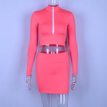 Load image into Gallery viewer, Neon Green Two Piece Skirt Set Women Zipper Collar Long Sleeve Crop Top and High Waisted Mini Skirt Club Wear 2 Piece Outfits