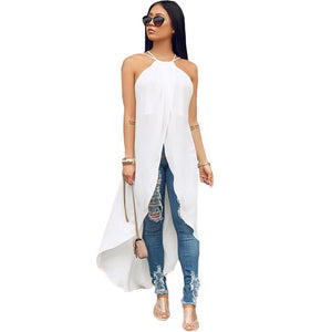 Summer Long Shirt Dress Women Sexy Sleeveless Chiffon Dress Beach Sundresses White Backless Irregular Split Long Party Dress