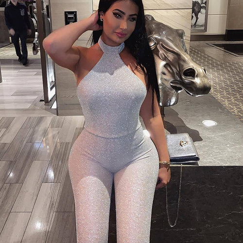 Sexy Halter Glitter Jumpsuit for Women Sleeveless Open Back Bodycon Romper Skinny Night Club Wear Party Jumpsuit Female Overalls