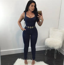 Load image into Gallery viewer, Women Elegant Denim Jumpsuit Pants with Belt Pockets Off Shoulder Sleeveless Sexy Straps Bodycon Jeans Jumpsuit Overall Catsuit