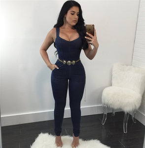 Women Elegant Denim Jumpsuit Pants with Belt Pockets Off Shoulder Sleeveless Sexy Straps Bodycon Jeans Jumpsuit Overall Catsuit