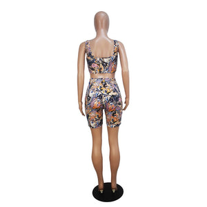 Summer Two Piece Set Women Print Tank Crop Top Bodycon Biker Shorts Sweat Suit Sexy Club Matching 2 Piece Set Tracksuit Casual