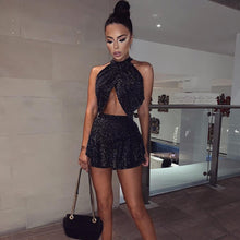 Load image into Gallery viewer, Sexy Club Two Piece Set Women Summer Skirt Sets Glitter Sleeveless Crop Top Short Skirt Set Festival Party 2 Piece Set Outfits