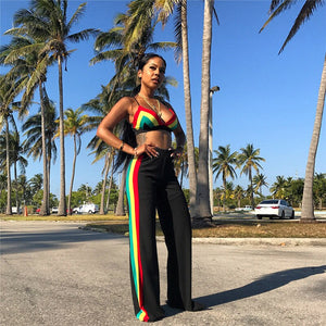 Women Beach Summer Two Piece Set Sexy V- Neck Spaghetti Strap Striped Crop Top and Wide Leg Pants Suit Club Wear 2 Piece Outfits