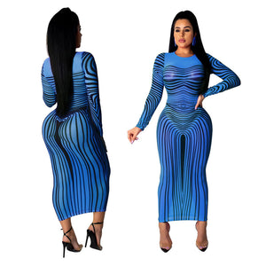 Sexy Bodycon Summer Dress Women Long Sleeve Print Elegant Sheer Mesh Bandage Dress Celebrity Night Club Party Bodycon Dresses