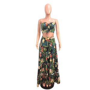 Sexy Strapless Sleeveless Beach Wear Two Piece Summer Dresses for Women Floral Print Boho Bow Long Maxi Dresses Ball Gown