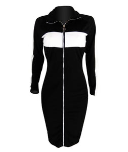 Autumn Long Sleeve Casual Bodycon Dress Women Full Front Zipper Dress Turn Down Collar Streetwear Slim Black Knee Length Dresses