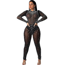 Load image into Gallery viewer, Pearls Beading Rhinestone Mesh Jumpsuit Women Sexy See-through Long Sleeve One Piece Bodysuit Party Birthday Overalls Outfits