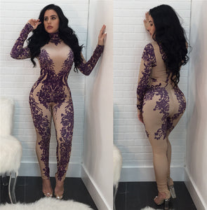 Floral Printed Bodycon Jumpsuit Women Winter Long Sleeve Skinny Long Pants Romper Tight Nightclub Party Jumpsuits Overalls