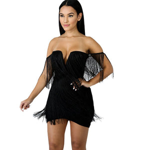 Flapper Tassel Party Dress Women Off The Shoulder Backless Fringe Sexy Little Black Dress Elegant Evening Mini Club Dresses