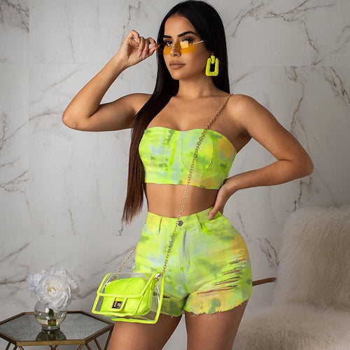 Sexy Tie Dye Denim Two Piece Set Women Strapless Tops and Hole Jeans Shorts Female Summer Matching Set Outfits Clubwear Female