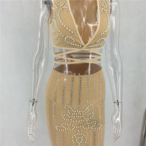 Sparkly Rhinestone Sexy Sheer Mesh Dress Women Elegant Diamond Beaded Luxury Embellished Celebrity Birthday Party Bodycon Dress