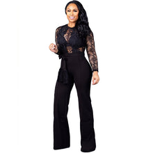 Load image into Gallery viewer, Sexy Black Lace Wide Leg Jumpsuit Women O Neck Long Sleeve Hollow Out Patchwork One Piece Romper Sheer Elegant Party Overalls