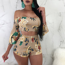 Load image into Gallery viewer, Summer Two Piece Shorts and Top Women Sexy Off the Shoulder Flare Sleeve Crop Tops + Shorts Floral Print Beach Wear Shorts Suit