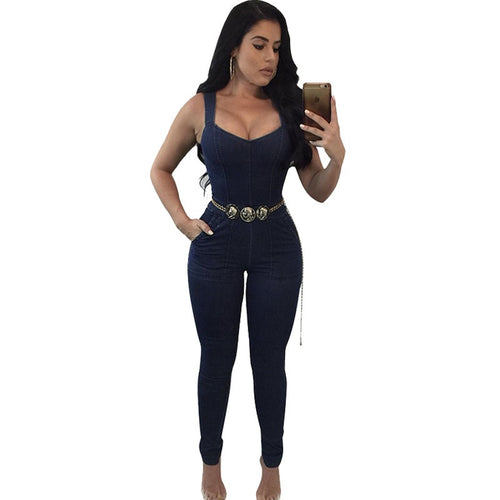 Women Elegant Denim Jumpsuit Pants with Belt Pockets Off Shoulder Sleeveless Sexy Straps Bodycon Jeans Jumpsuit Overall Catsuit