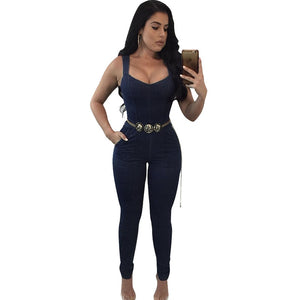 Women Elegant Denim Jumpsuit Pants with Belt Pockets Off Shoulder Sleeveless Sexy Straps Bodycon Jeans Jumpsuit Overall Catsuit