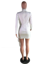 Load image into Gallery viewer, Sexy White Long Sleeve Tunic Dress Female Women Deep V-neck Tassel Drawstring Ruched Elegant Short Party Dresses