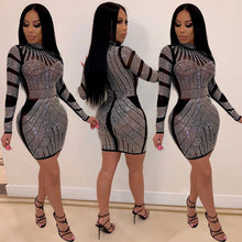 Load image into Gallery viewer, Rhinestones Sexy Bodycon Dresses for Women Sparkly Elegant Black Sheer Mesh Party Dress Summer Long Sleeve Club Mini Dress