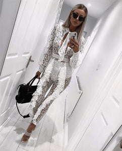 Sheer Long Sleeve White Lace Jumpsuit for Women Sexy See Through Floral Ruffles Bodycon Rompers Christmas Night Club Overalls