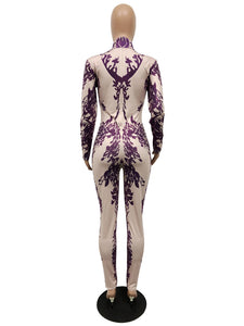 Floral Printed Bodycon Jumpsuit Women Winter Long Sleeve Skinny Long Pants Romper Tight Nightclub Party Jumpsuits Overalls