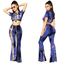 Load image into Gallery viewer, Women Tracksuit Fashion Tie Dye Two Piece Set Sexy O-Neck Short Sleeve Crop Top and Flare Pants Casual Track Suit Sportwear