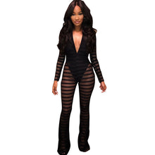 Load image into Gallery viewer, New Sexy Striped Sheer Mesh Jumpsuit with Lining Women Long Sleeves Deep V- Neck Wide Leg Romper Clubwear Party Overalls Leotard