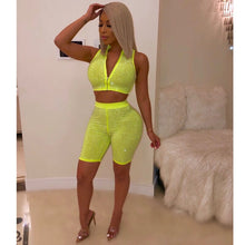 Load image into Gallery viewer, Rhinestone Sexy 2 Piece Set Zipper Crop Tops and Bodycon Shorts Suit Set Sparkly Party Summer Two Piece Club Outfits