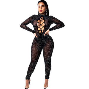 Long Sleeve Rhinestone Sexy Bodycon Jumpsuit Women Hollow Out Lace Up Long Pants Romper Party Club Sheer Mesh Jumpsuits Catsuit