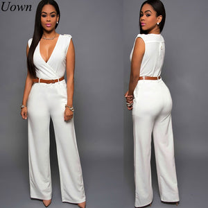 Elegant Women's Summer Solid Jumpsuits Sexy Deep V-Neck Sleeveless Fashion Rompers Side Pocket Long Jumpsuit Playsuit with Belt