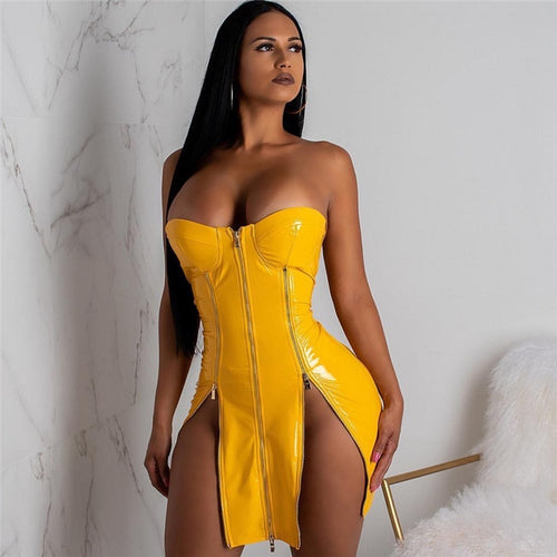 Red Yellow Black Sexy Leather Dress Women Strapless Front Zipper High Split White Bodycon Mini Dress Party Club Dresses Vestidos