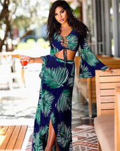 Load image into Gallery viewer, Summer 2 Piece Dress Set Women Leaf Print Two Piece Crop Top and Long Skirt Set Boho Style Chic Beach Set Holiday Outfits