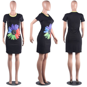 Short T Shirt Dress Women Casual Dress Short Sleeve Floral Print O-Neck Black Bodycon Mini T-Shirt Dress Streetwear