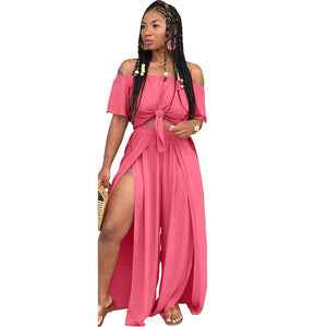 Women Loose 2 Piece Set Off Shoulder Pleat Crop Top and Split Long Pants Wide Leg Jumpsuit Casual Matching 2 Piece Outfits