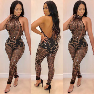 Sparkly Gold Sequin Jumpsuit Women Sexy Black Sheer Mesh Open Back Bodycon Jumpsuit Romper Clubwear Christmas Party Jumpsuits