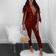 Load image into Gallery viewer, Women Sexy Elegant Formal Jumpsuit Autumn Winter Deep V Neck Cloak Cape Bodysuit Romper Button Long Pants One Piece Overalls XXL