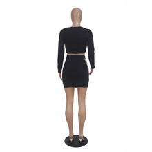 Load image into Gallery viewer, Sexy Black Two Piece Set Women Long Sleeve Ruched Crop Top and Hollow Out Skirt Set Club Bodycon Two Piece Outfits Matching Sets