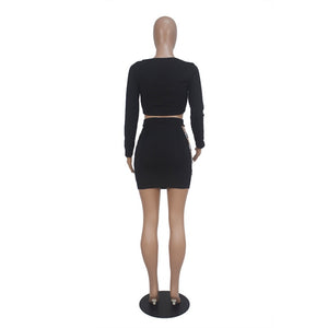 Sexy Black Two Piece Set Women Long Sleeve Ruched Crop Top and Hollow Out Skirt Set Club Bodycon Two Piece Outfits Matching Sets