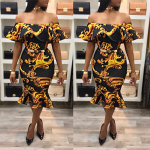 Sexy Off Shoulder Strapless Dress Women Print Elegant Ruffles Backless Bodycon Midi Dress Ruched Knee-Length Party Dresses Robe