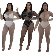 Load image into Gallery viewer, Sexy Black Sheer Jumpsuit Mesh Romper Women Long Sleeve See Through Pearl Beading Nightclub Party Bodycon Jumpsuits Overalls XL