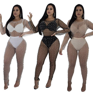 Sexy Black Sheer Jumpsuit Mesh Romper Women Long Sleeve See Through Pearl Beading Nightclub Party Bodycon Jumpsuits Overalls XL