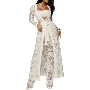 Lace 3 Piece Set Women Long Cardigan + Crop Top + White Lace Pants Set Three Piece Outfits Women Set