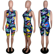 Load image into Gallery viewer, Camouflage Print Summer Jumpsuit Women Sexy Bodycon Romper Shorts Overalls Sleeveless Front Zipper Playsuit Party Club Jumpsuit