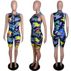 Camouflage Print Summer Jumpsuit Women Sexy Bodycon Romper Shorts Overalls Sleeveless Front Zipper Playsuit Party Club Jumpsuit