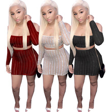 Load image into Gallery viewer, Women&#39;s Suit Striped Glitter Two Piece Skirt Set Autumn Sexy Strapless Long Sleeve Mesh Sheer Crop Top and Mini Skirt Celebrity